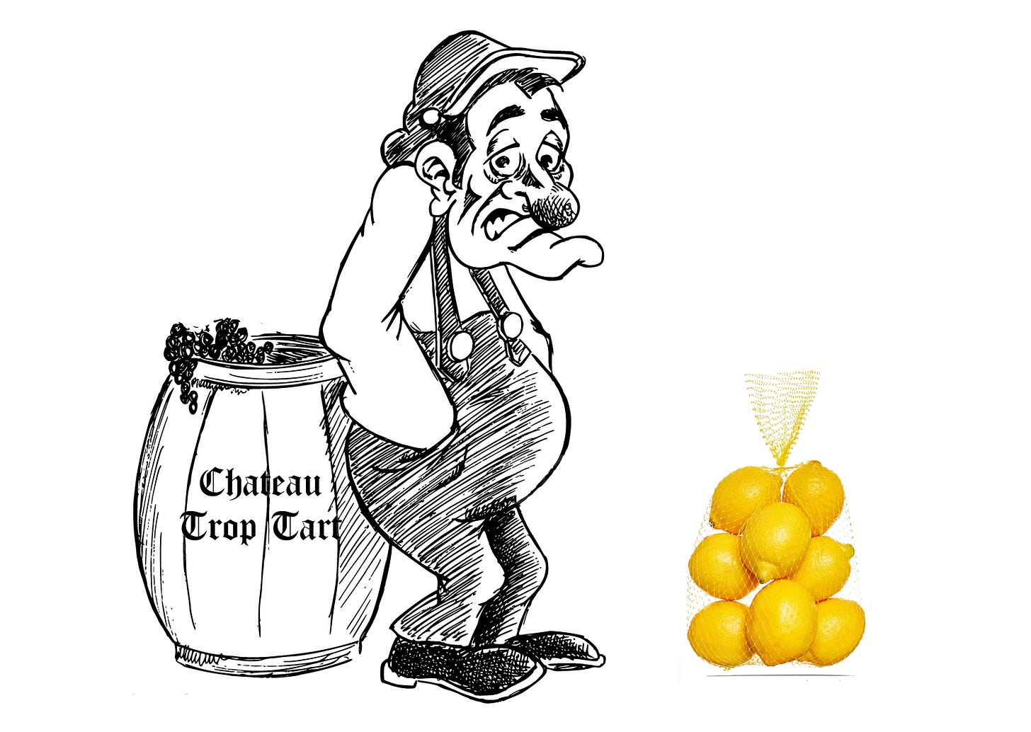 Cartoon image of an unhappy vigneron with a bag of lemons. Montage created by Simon J Woolf, image rights purchased. Cartoon image of an unhappy vigneron with a bag of lemons. Montage created by Simon J Woolf, image rights purchased.