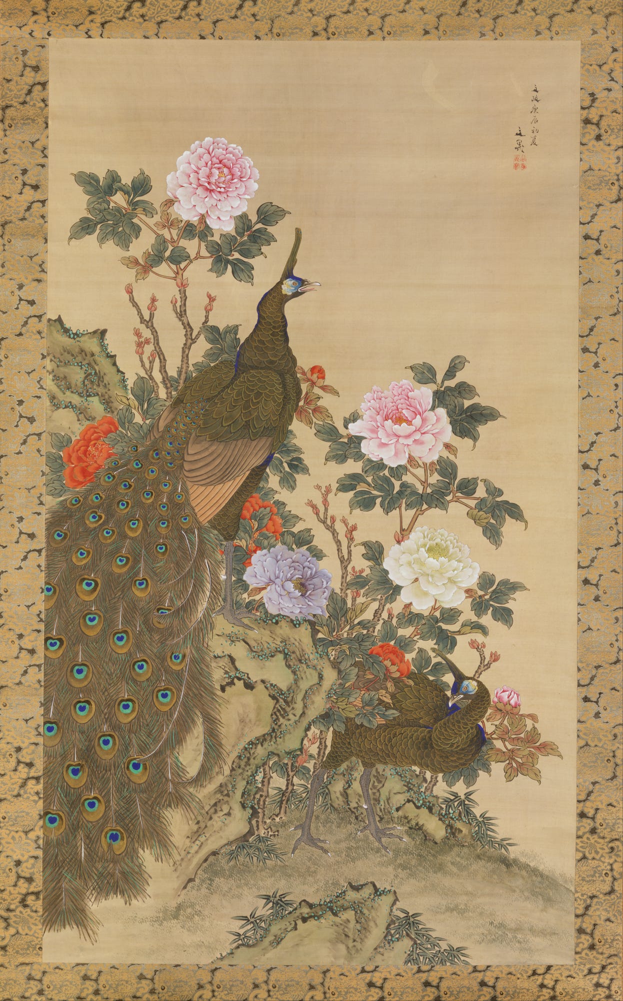 Tani Bunchō's 1820 scroll of a tall peacock with its closed tail hanging down and a peahen among pink, white and red peonies Tani Bunchō's 1820 scroll of a tall peacock with its closed tail hanging down and a peahen among pink, white and red peonies