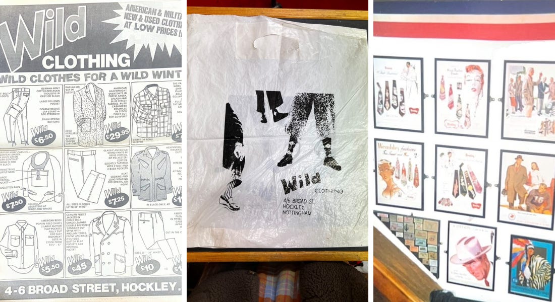 Three pictures - one of a clothing poster, one of a framed bag, and one of a wall with art prints in it