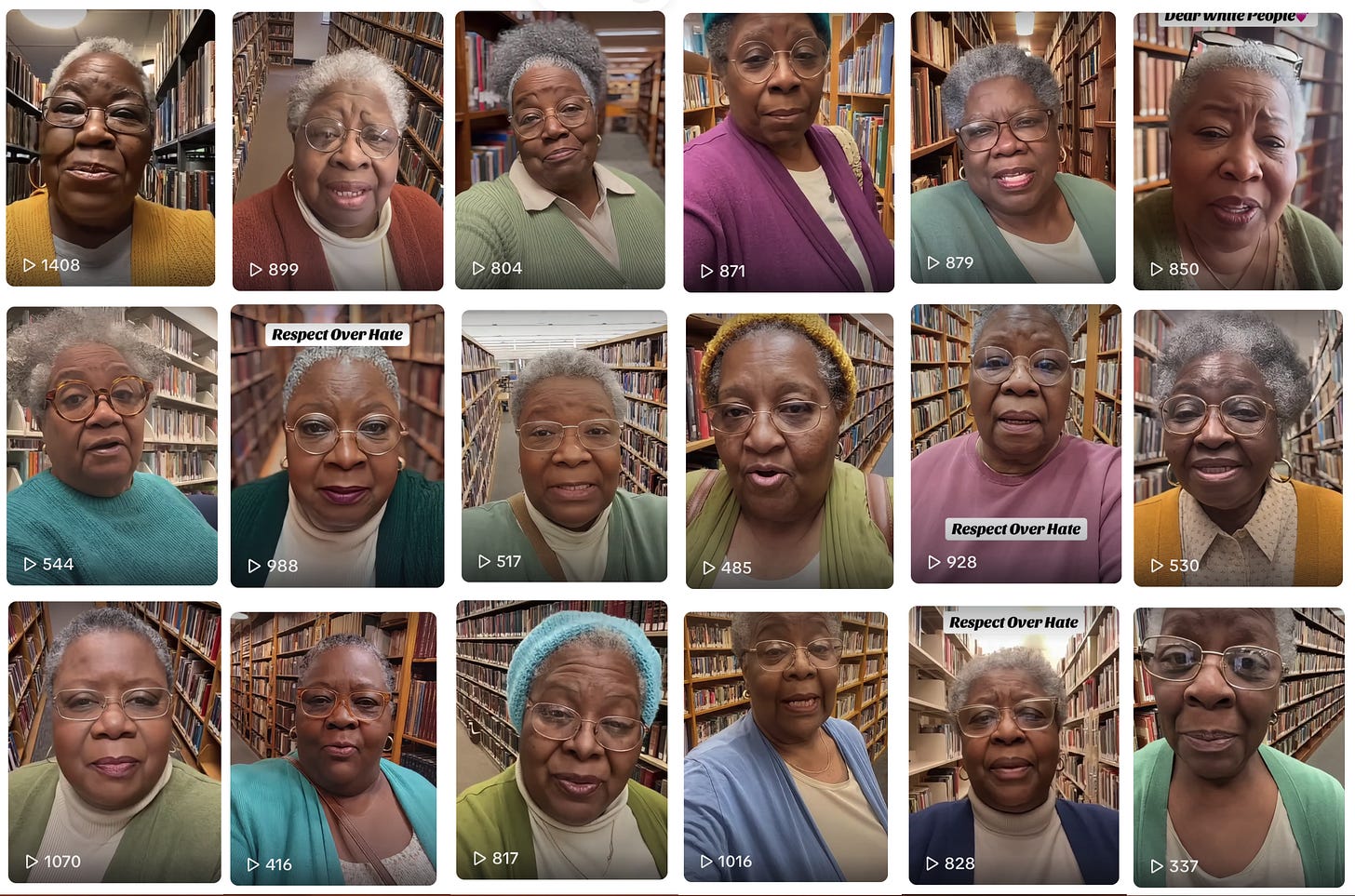 collage of 18 similar AI-generated videos set in libraries