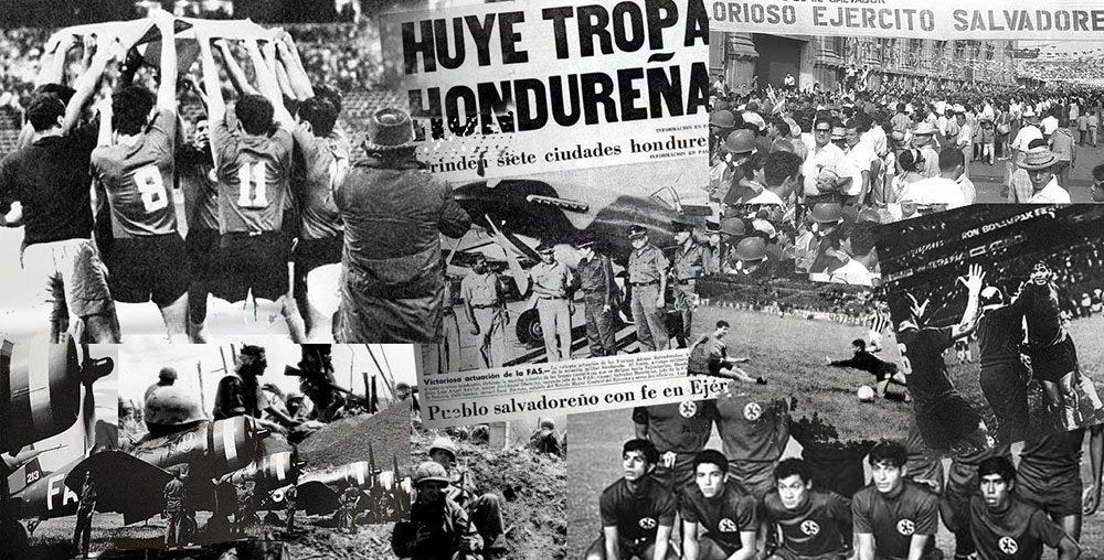A collage of newspaper headlines and images depicting the "Soccer War" between El Salvador and Honduras in 1969.