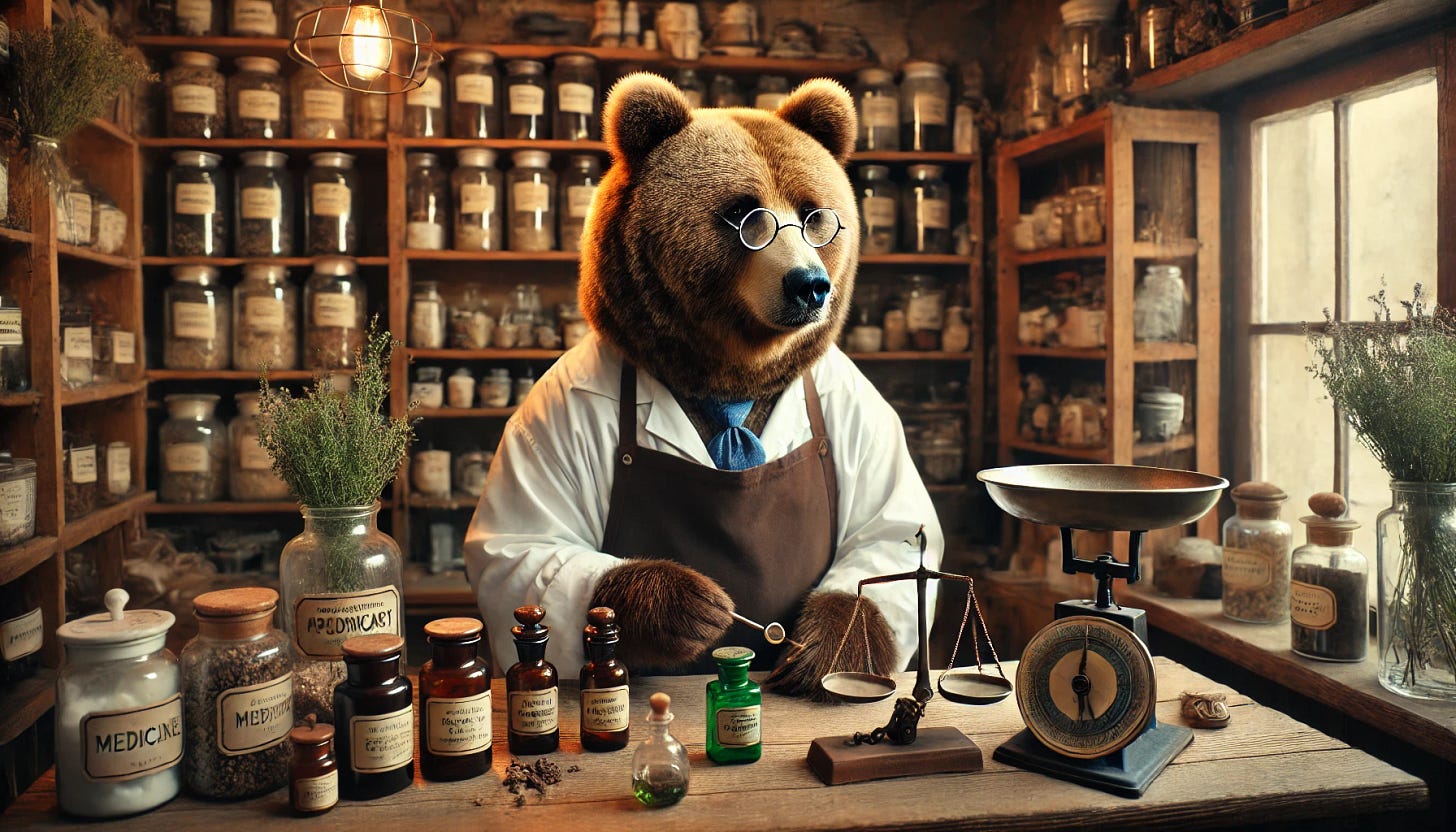 A grizzly bear dressed as an old-timey pharmacist, standing behind a wooden counter filled with vintage apothecary jars, scales, and medicine bottles. The bear is wearing small round glasses and an apron, carefully measuring out ingredients. The setting is a quaint, old-fashioned pharmacy with wooden shelves lined with jars and various herbs hanging from the ceiling. The lighting is warm, casting a cozy, nostalgic glow over the scene. The bear has a focused yet gentle expression, embodying the careful and knowledgeable nature of a traditional pharmacist.