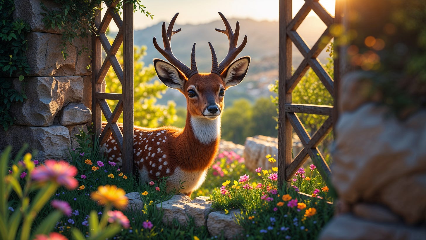 A young robebuck peeks through a wooden lattice window in a lush garden, bathed in golden sunlight, evoking the beloved groom looking for his bride, in Song of Solomon 2:8-10.