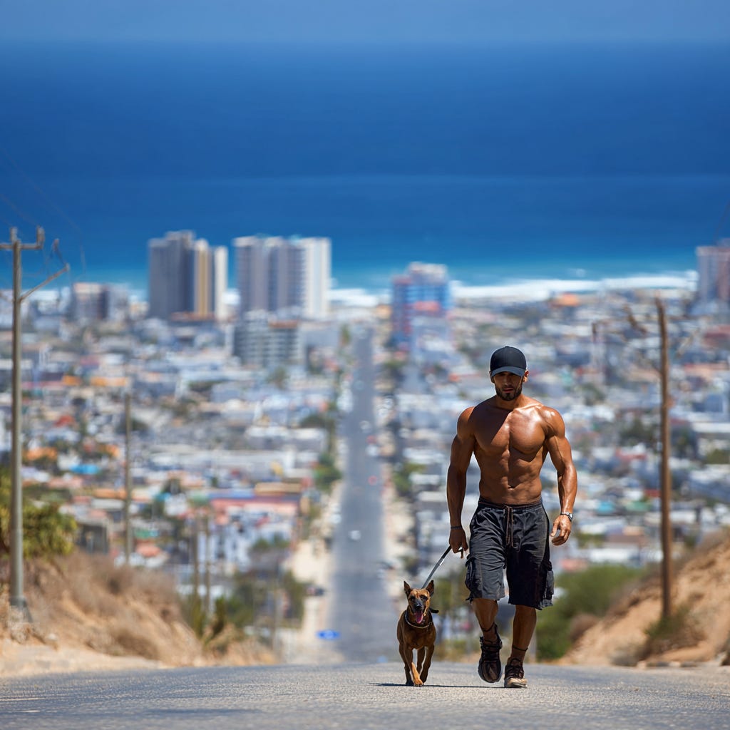 Fit, shirtless man walking his dog on a long road, on a sunny day near the beach.