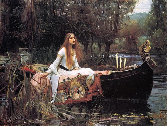 oil painting of the lady of shalott by J.W. Waterhouse 1888