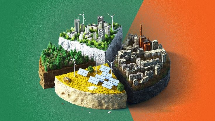 This may contain: an island with solar panels and wind turbines in the middle is surrounded by other small buildings