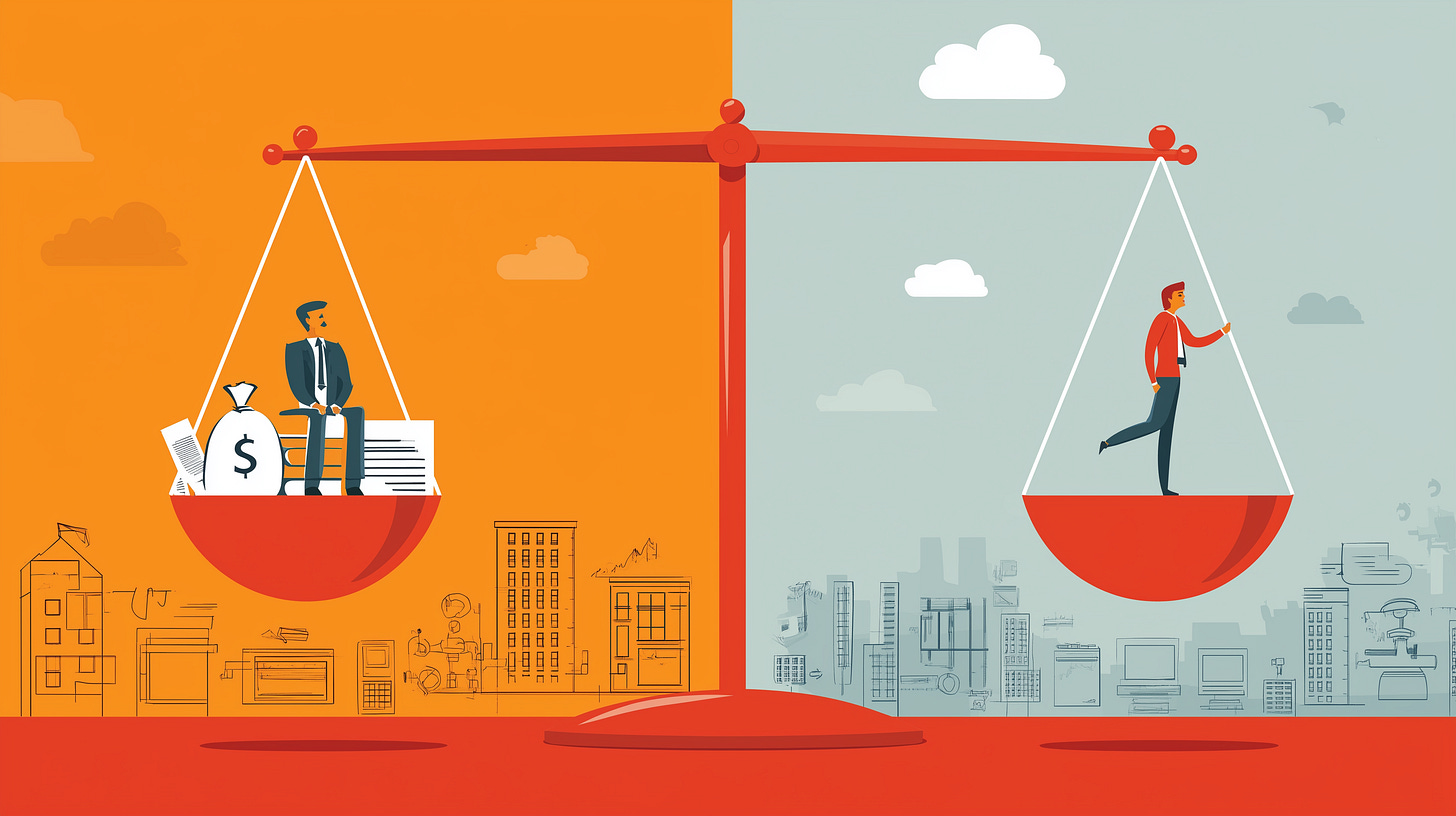 Illustration of a balance scale showing a suited executive with money and documents on one side, and a solo professional walking confidently on the other, symbolising unequal power dynamics, trust gaps, and the tension between AI governance and adoption in corporate environments.