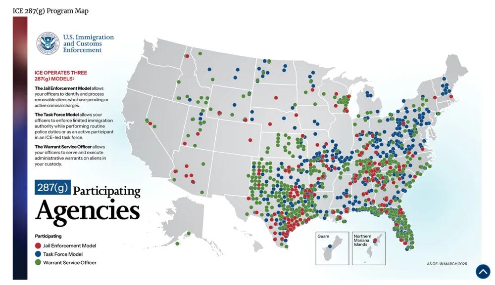 Screenshot from ICE's 287(g) program landing page showing a static image map with dots representing each of the participating agencies as of March 18, 2026.