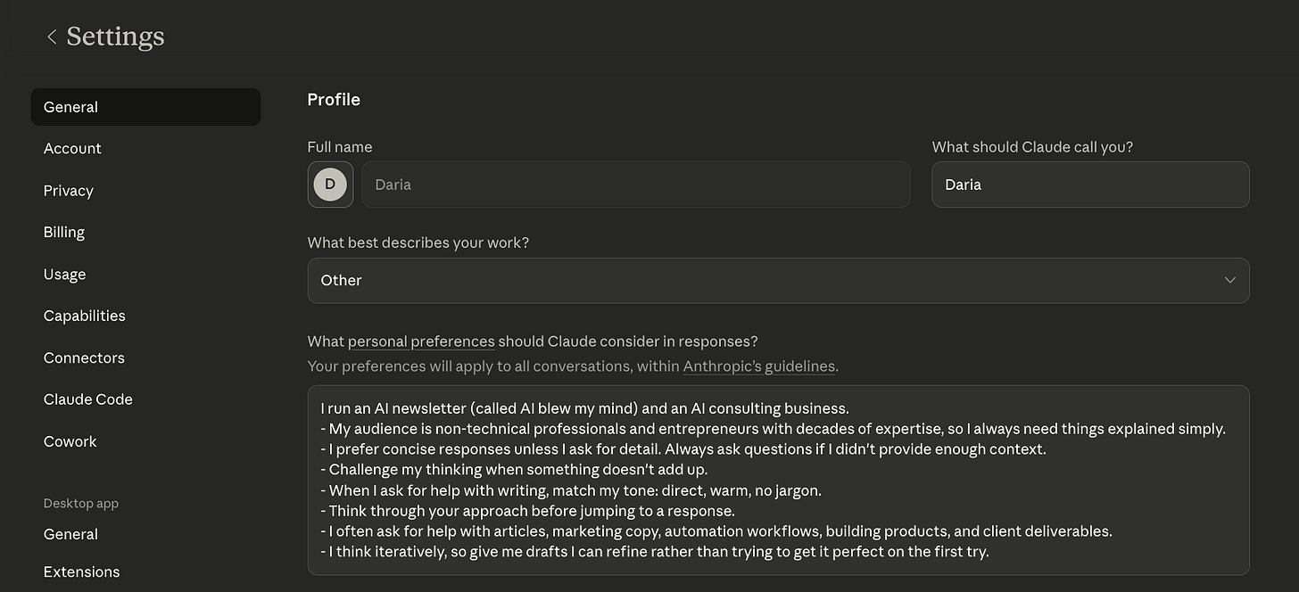 Claude Settings profile page showing the personal preferences field filled in with instructions on tone, communication style, and how Claude should respond