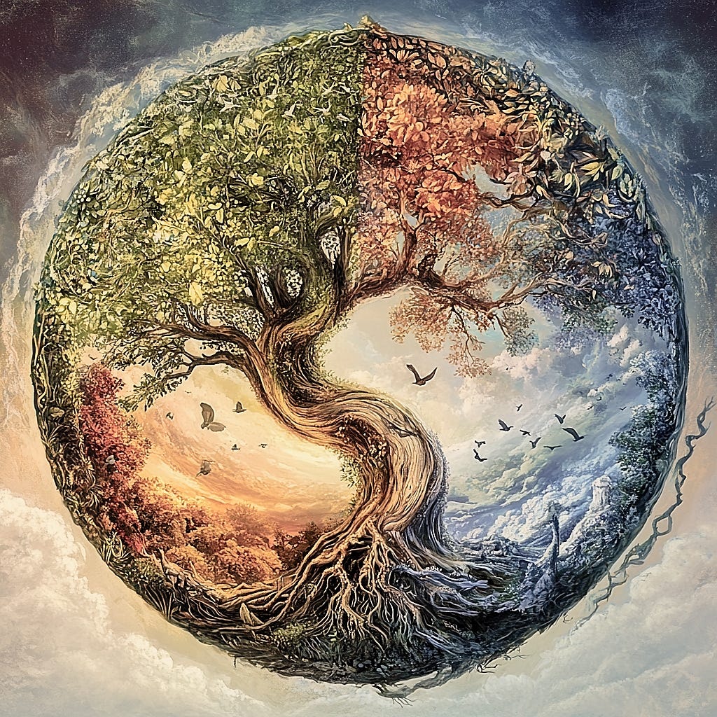 Graphic image of the globe with intertwined tree branches and birds