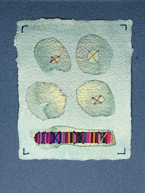 nine abstract paintings made with watercolor on cotton paper with Sashiko thread.