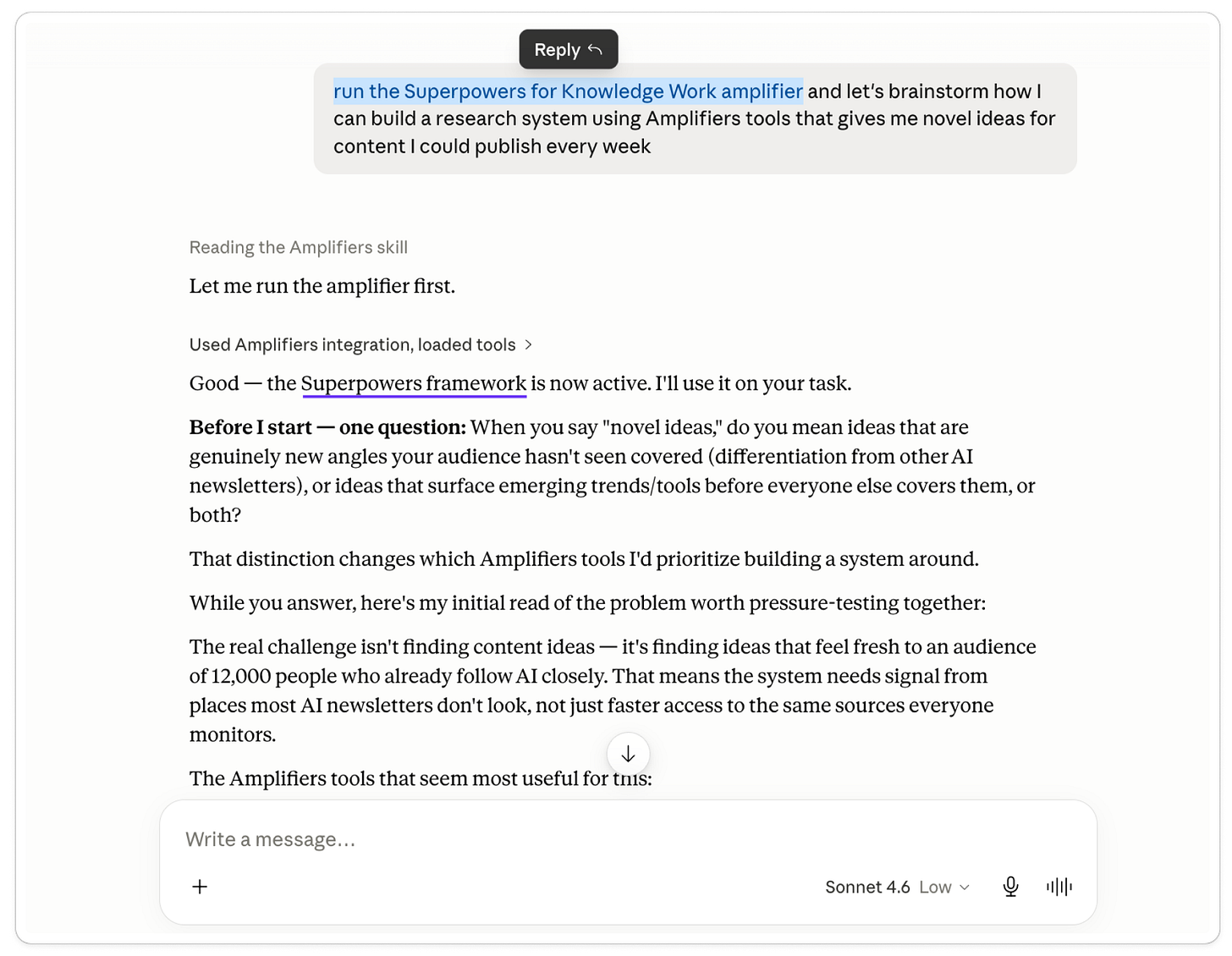 The Superpowers for Knowledge Work amplifier running in Claude chat, asking a clarifying question and pressure-testing the problem before building, instead of jumping straight to output.