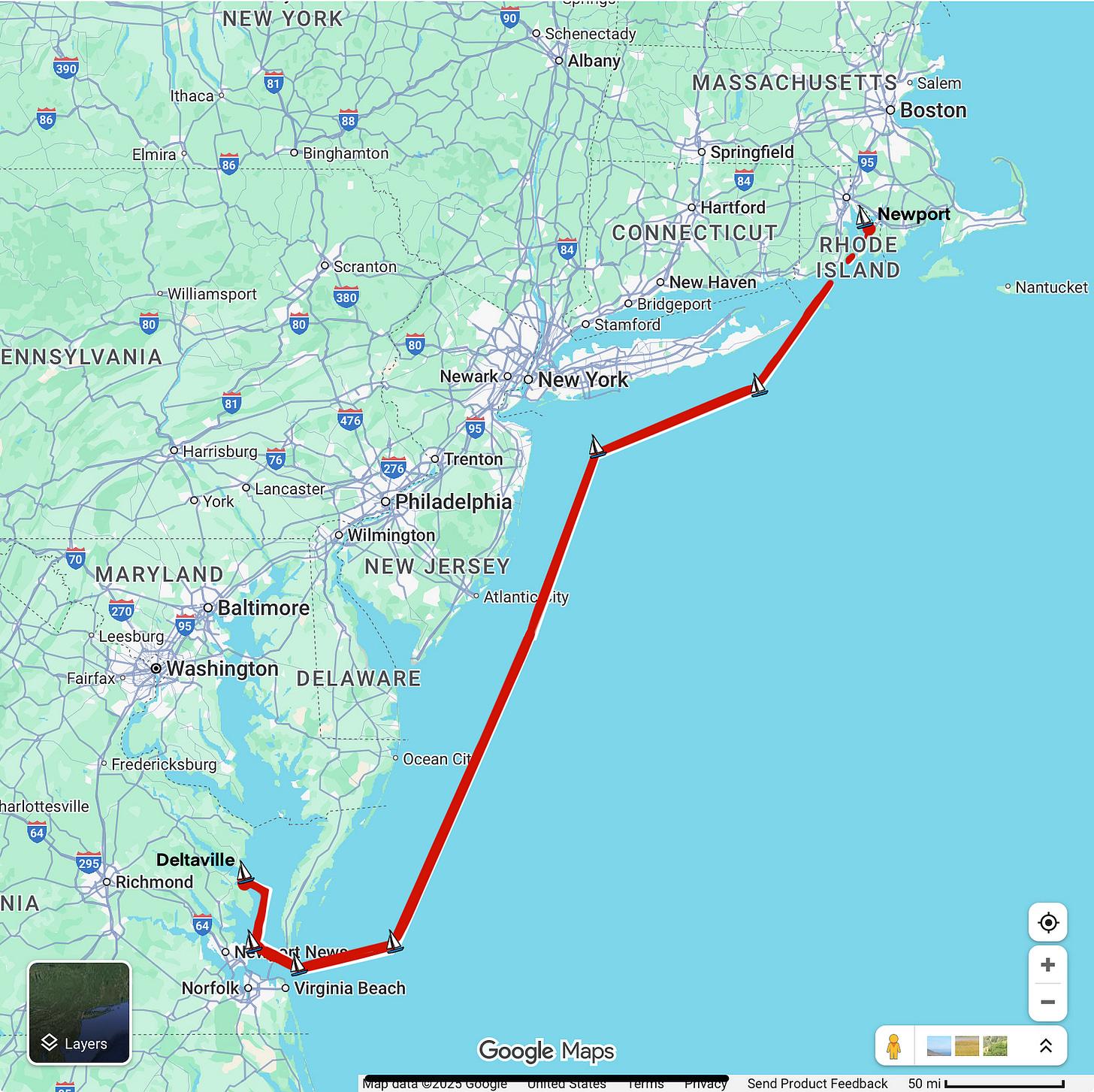 Maps showing sail plan from Newport to Deltaville, Virginia