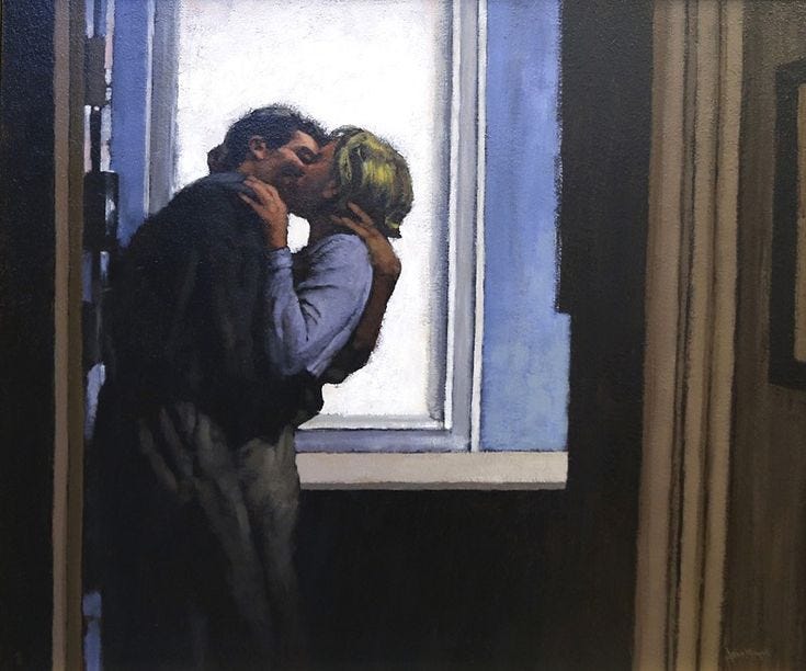 This may contain: a painting of two people kissing in front of a window This may contain: a painting of two people kissing in front of a window