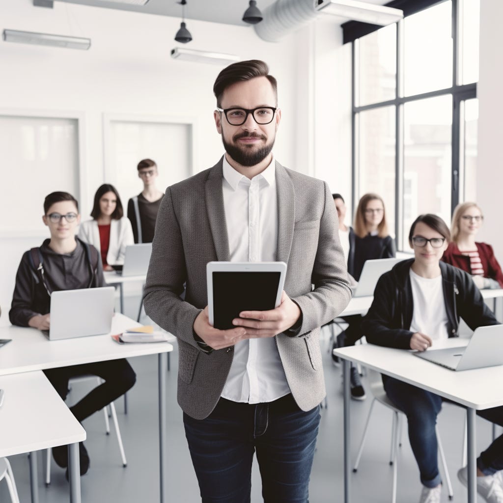 Photo of a male teacher standing in front of his high school class on their computers in Berlin, Germany. Generated by Midjourney.