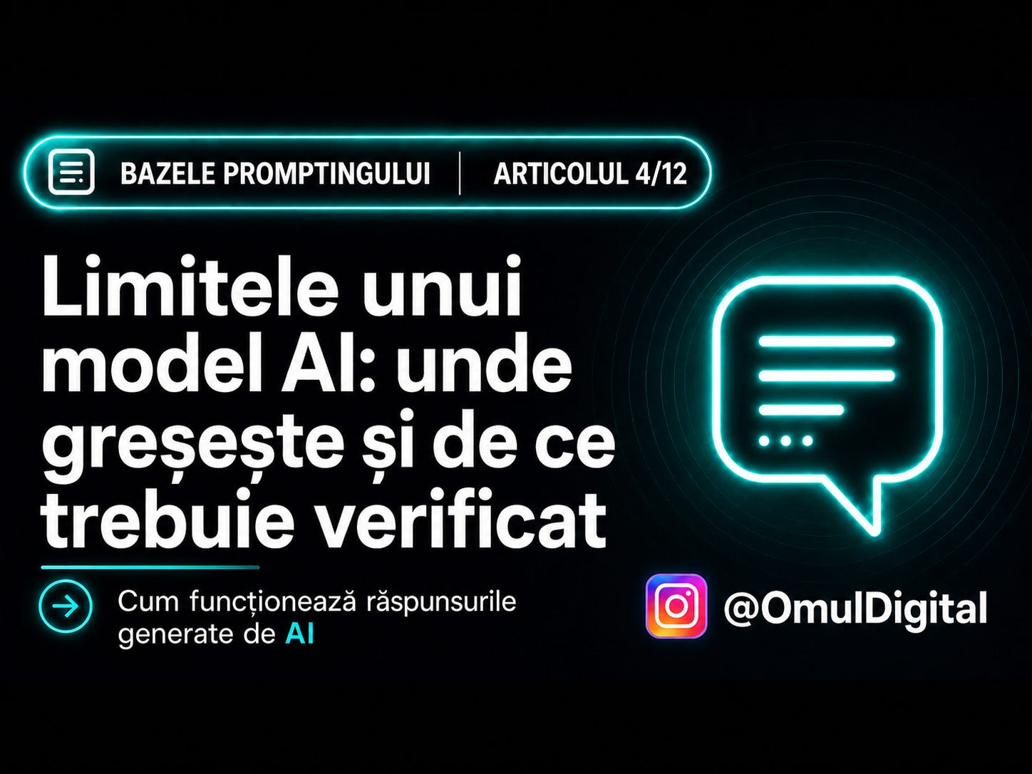 Cover pentru seria „Bazele promptingului” de la Omul Digital, cu titlul articolului, icon de chat și design mov dedicat materialelor despre prompt engineering.