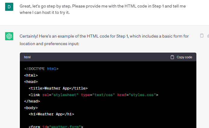 ChatGPT generating HTML code
