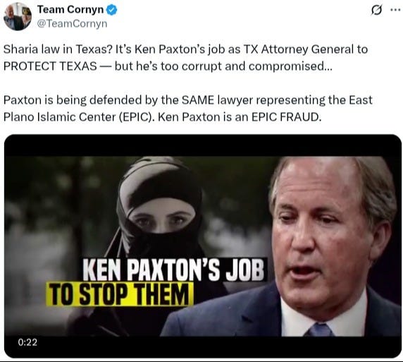 An ad by the John Cornyn campaign on x.com claims Paxton's EPIC investigation  is "compromised."