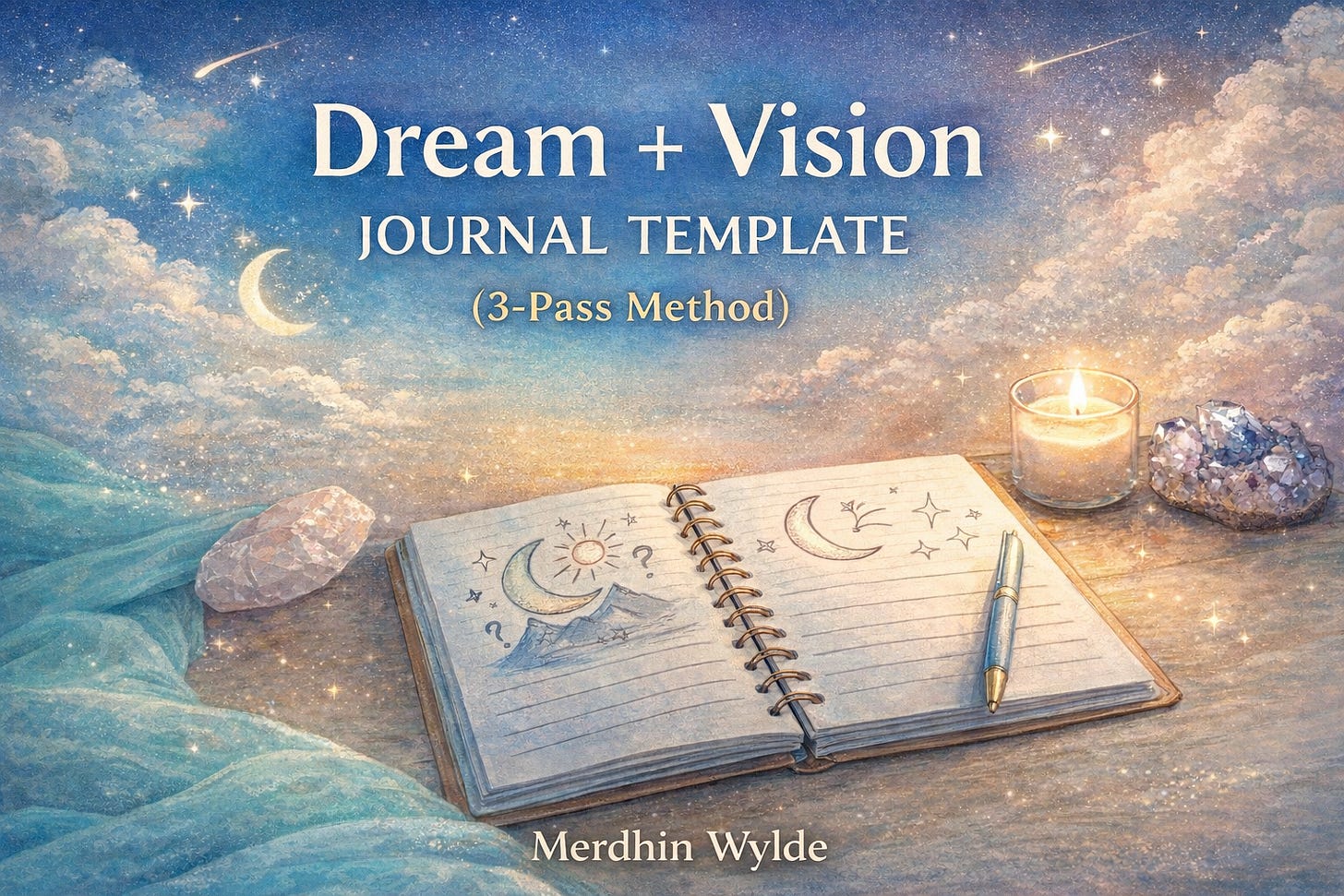 Dreamy banner image with a starry blue-to-gold sky, crescent moon, and clouds above an open spiral notebook on a wooden surface. The notebook shows simple sketches of a crescent moon, stars, and mountains beside a pen, with a lit candle and crystals nearby. Overlaid text reads “Dream + Vision Journal Template (3-Pass Method)” and “Merdhin Wylde.”