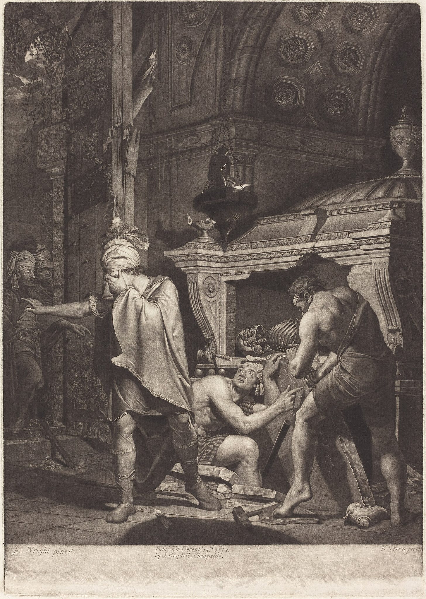 By moonlight, a young man in a turban and rich robes stands frozen at the smashed door of a stone tomb, staring at bones inside while his servants hold torches and tools. By moonlight, a young man in a turban and rich robes stands frozen at the smashed door of a stone tomb, staring at bones inside while his servants hold torches and tools.