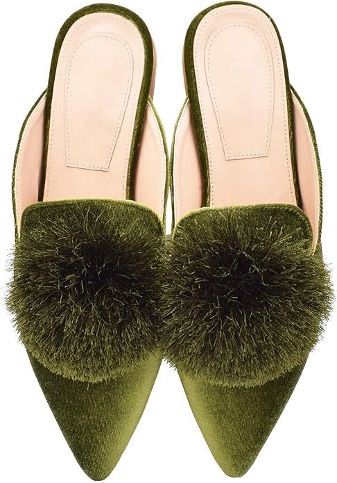 Fericzot Slip On Mule Backless Loafers Flats Puff PomPom Pointed Toe Casual Shoes Slippers
