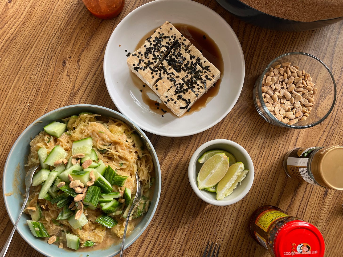Spaghetti squash peanut noodles with tofu