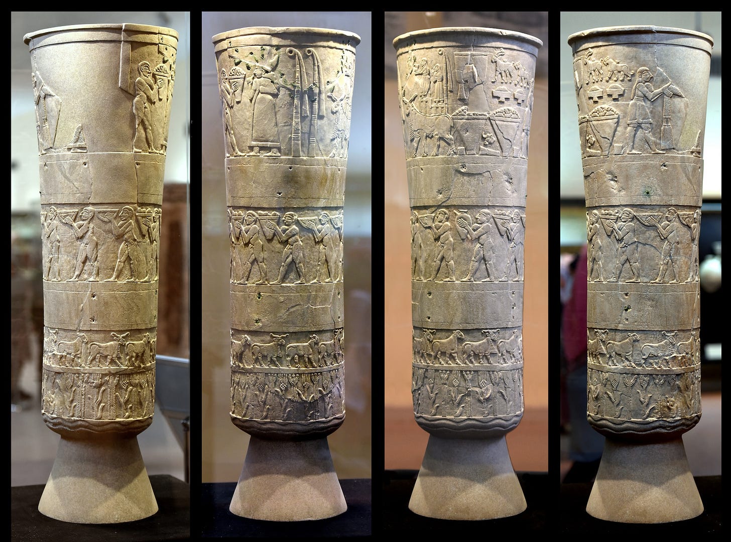 The Warka Vase or Uruk Vase, glowing a rich amber under museum lights, in a series of four close-up views of its sides. The Warka Vase or Uruk Vase, glowing a rich amber under museum lights, in a series of four close-up views of its sides.