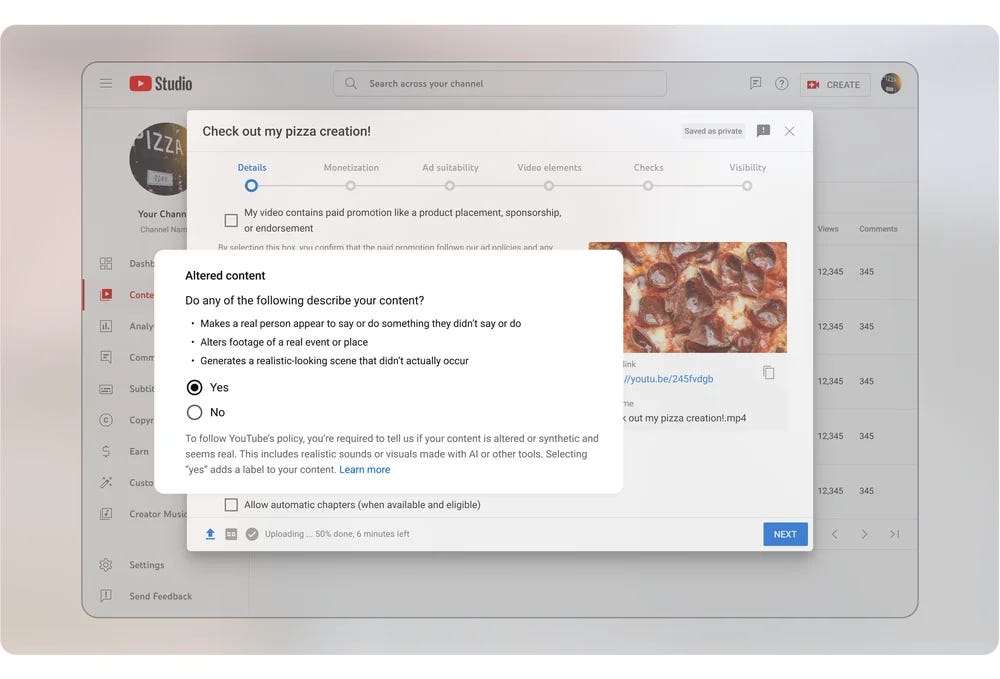 Yapay zeka tarafından oluşturulan içerikle ilgili YouTube açıklaması