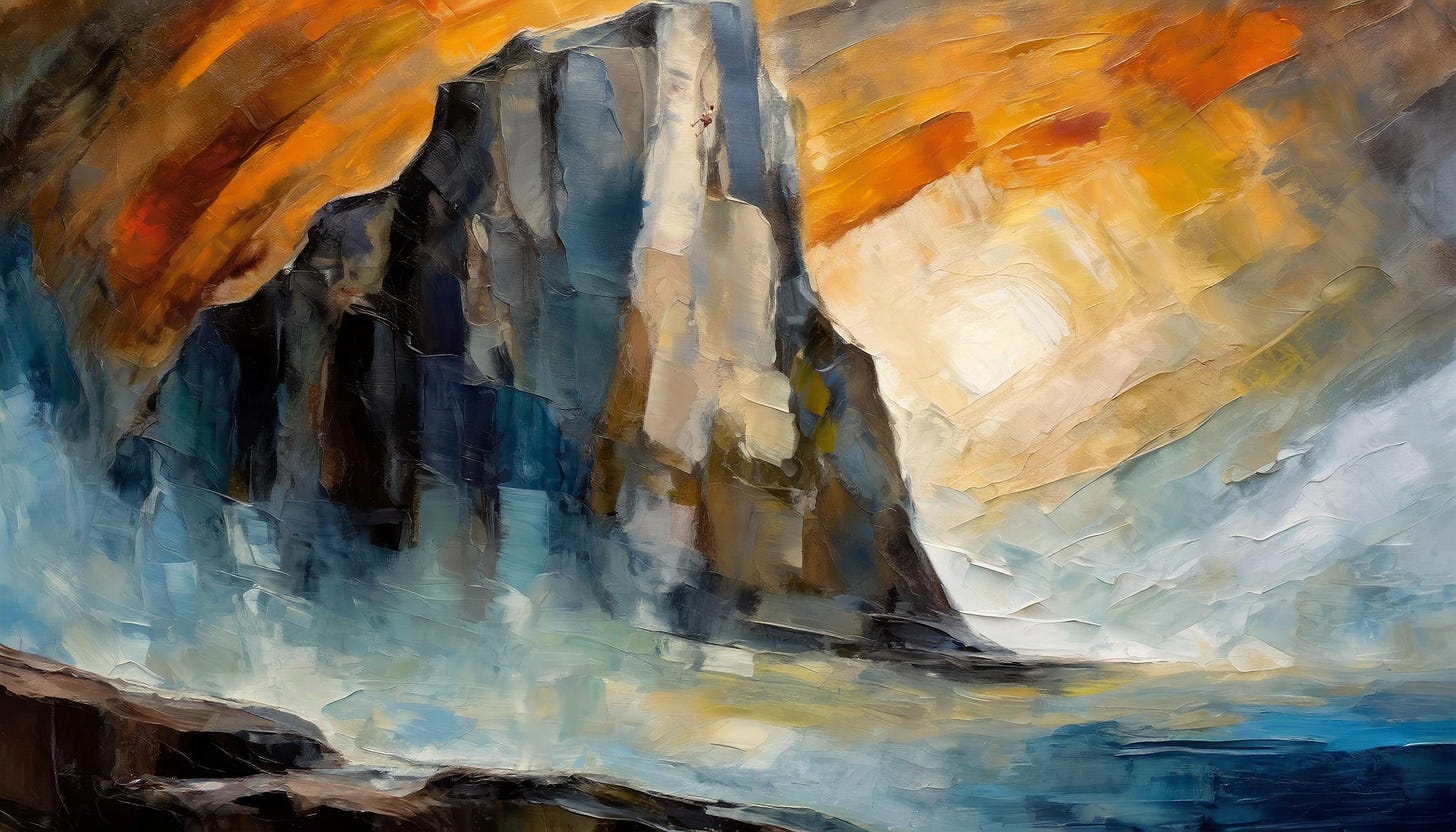 Still on a cliff: AI-generated painting of a solitary rock climber on a monolith after Clyfford Still