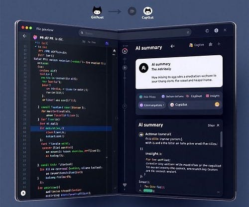VS Code showing a PR diff alongside an AI-generated summary panel.