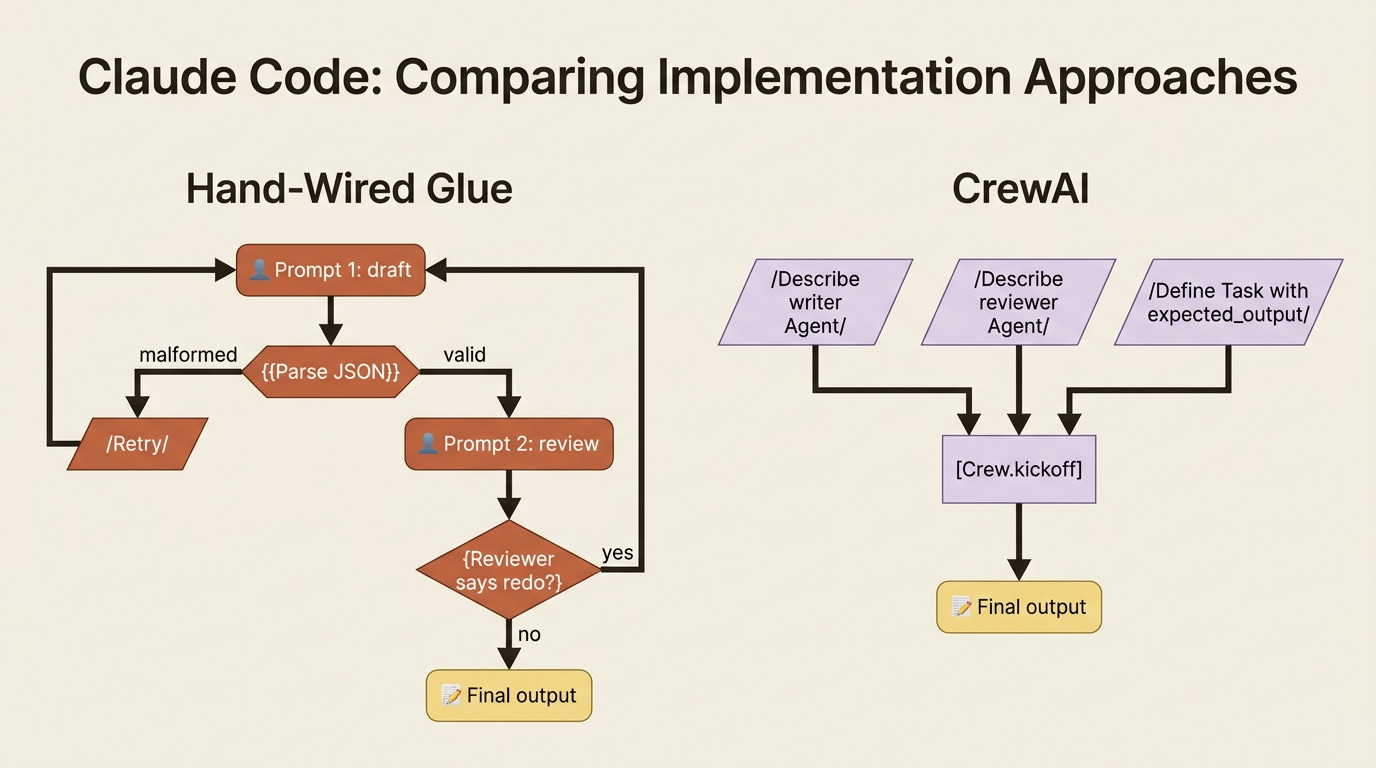 Hand-wired orchestration on the left, the same workflow described as Agents, Tasks, and a Crew on the right. CrewAI replaces the glue. Hand-wired orchestration on the left, the same workflow described as Agents, Tasks, and a Crew on the right. CrewAI replaces the glue.
