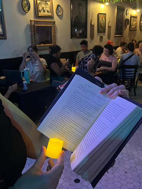 A grid of 9 images of Silent Book Club chapters reading Vigil by George Saunders 