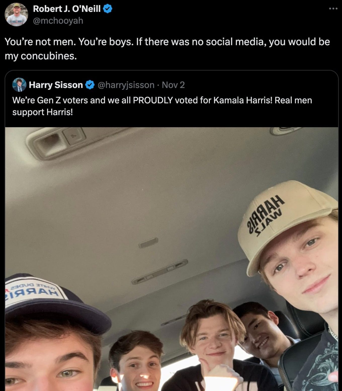 Robert O'Neill tweets a picture of some young Harris voters saying he wants to make them his "concubines"
