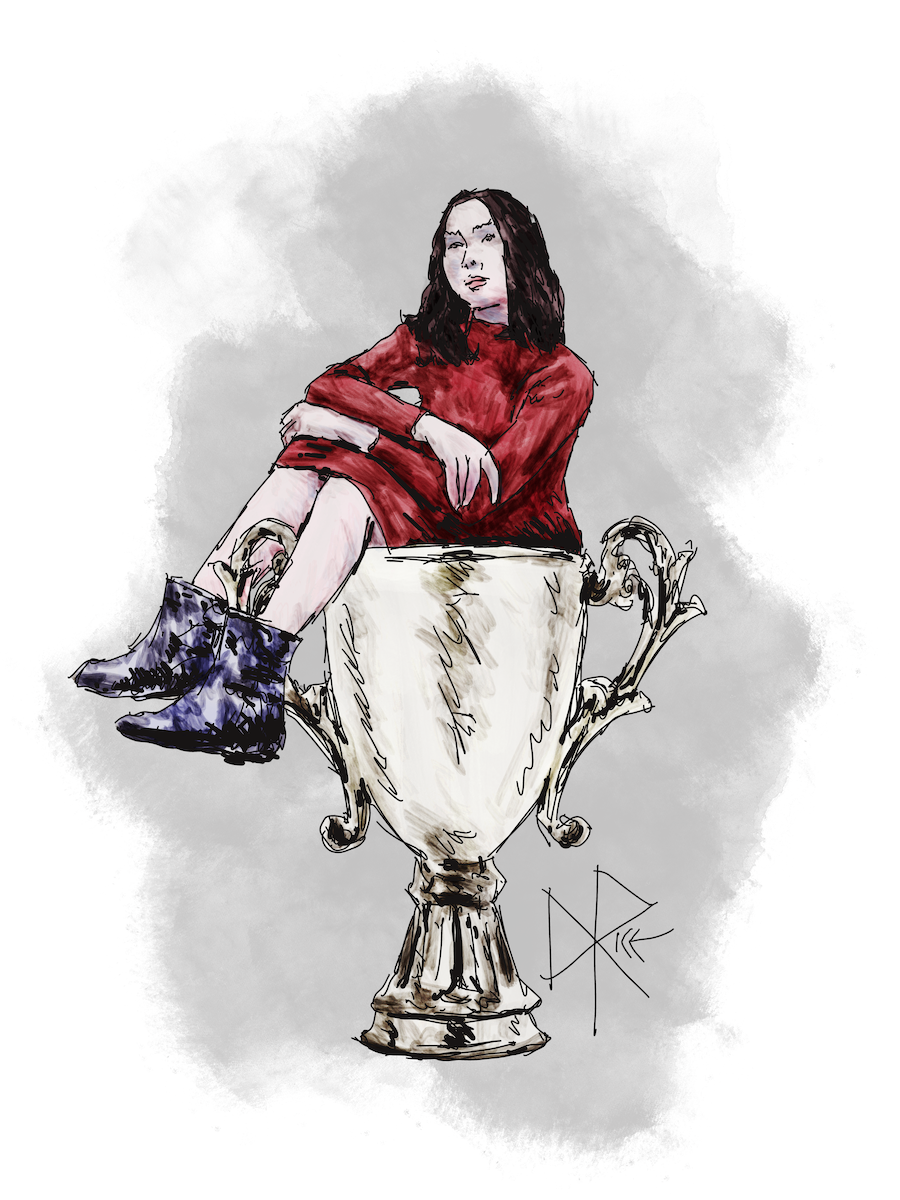 A woman in a red dress sits in the mouth of a very large trophy. Sketch art by Don Rice.