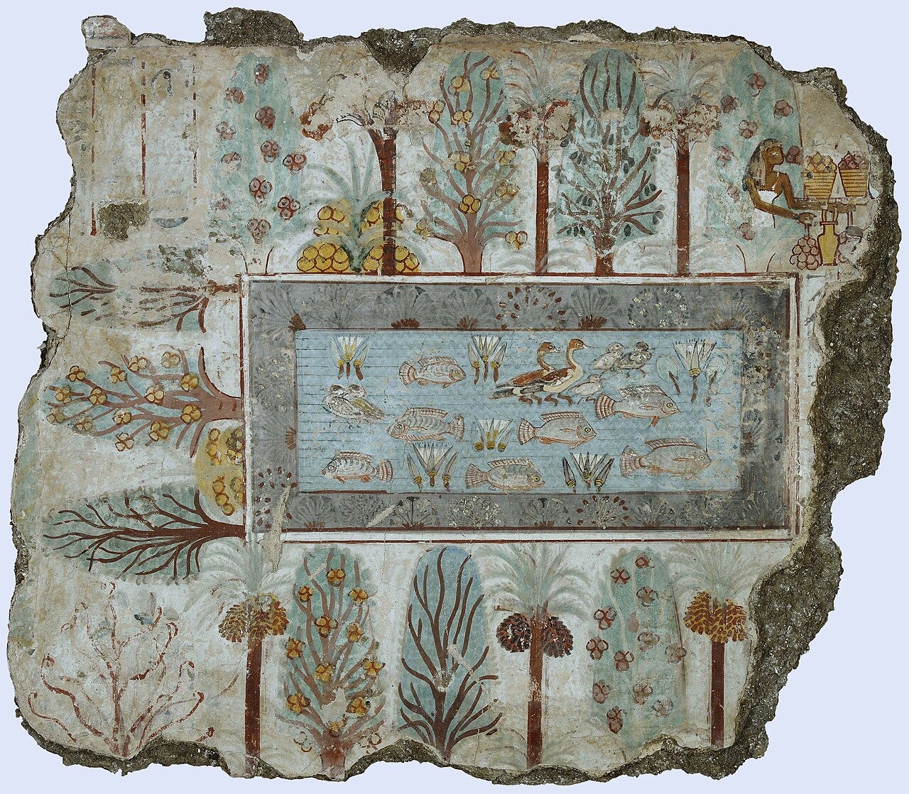 An ancient Egyptian wall painting of a pool seen from above, full of fish, birds and lotus flowers, framed by rows of fruit trees, with a goddess leaning out of a tree at the top right, painted by an unknown Egyptian tomb painter