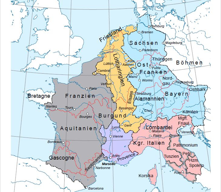 Treaty of Prüm of 855 to divide Middle Francia taken from https://de.wikipedia.org/wiki/Fr%C3%A4nkisches_Reich#/media/Datei:Vertrag_von_Verdun.svg