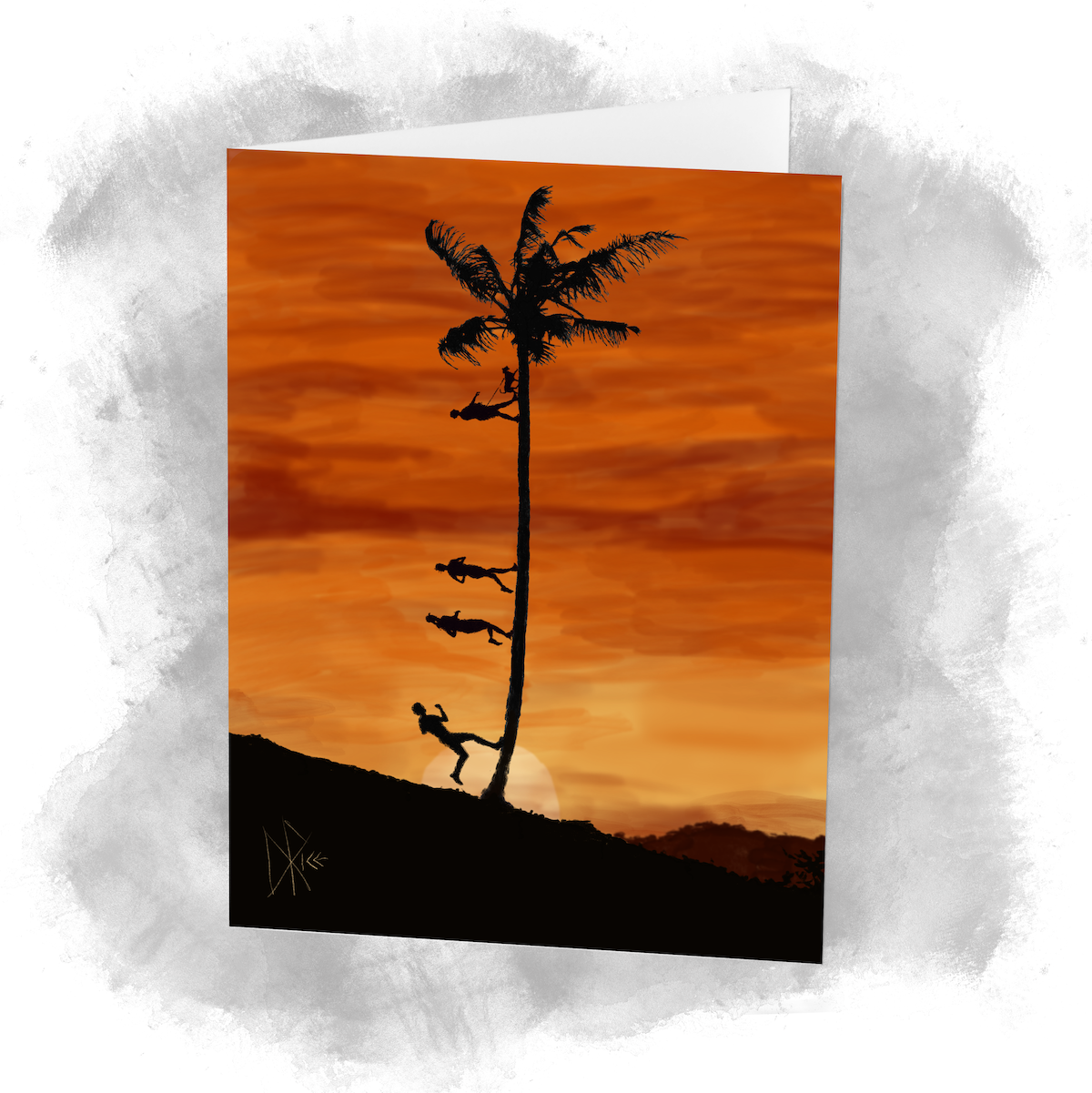 Running up that tree, as the sun sets. Surreal digital drawing of a sunset, silhouetting a palm tree and humans running or walking up its trunk. Sketch art by Don Rice.
