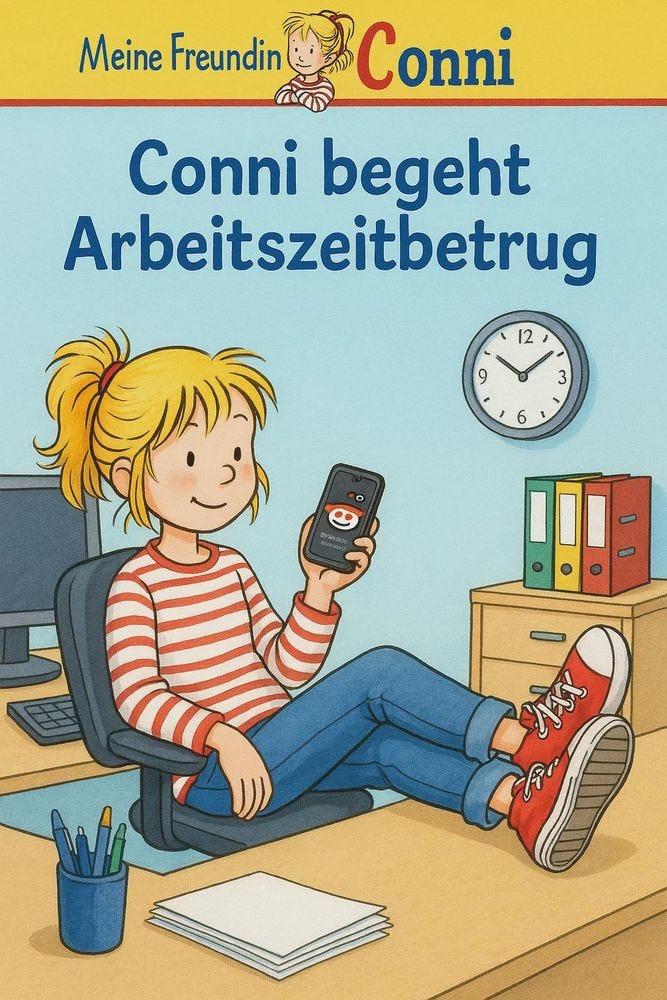 KI-generierte Bildbeschreibung:
Das Bild zeigt eine Zeichnung eines Mädchens mit blonden Haaren, das in einem Büro sitzt und ein Smartphone in der Hand hält. Das Mädchen trägt ein rot-weiß gestreiftes Langarm-Shirt und blaue Jeans sowie rote Turnschuhe. Es sitzt auf einem Bürostuhl und hat die Beine hochgelegt. Im Hintergrund sind ein Computerbildschirm, ein Regal mit Ordnern und eine Wanduhr zu sehen. Auf der Uhr ist es kurz nach 9 Uhr. Auf dem Schreibtisch liegen einige Blätter Papier und ein Becher mit Stiften. Der Titel des Bildes lautet "Conni begeht Arbeitszeitbetrug" und gehört zur Reihe "Meine Freundin Conni".