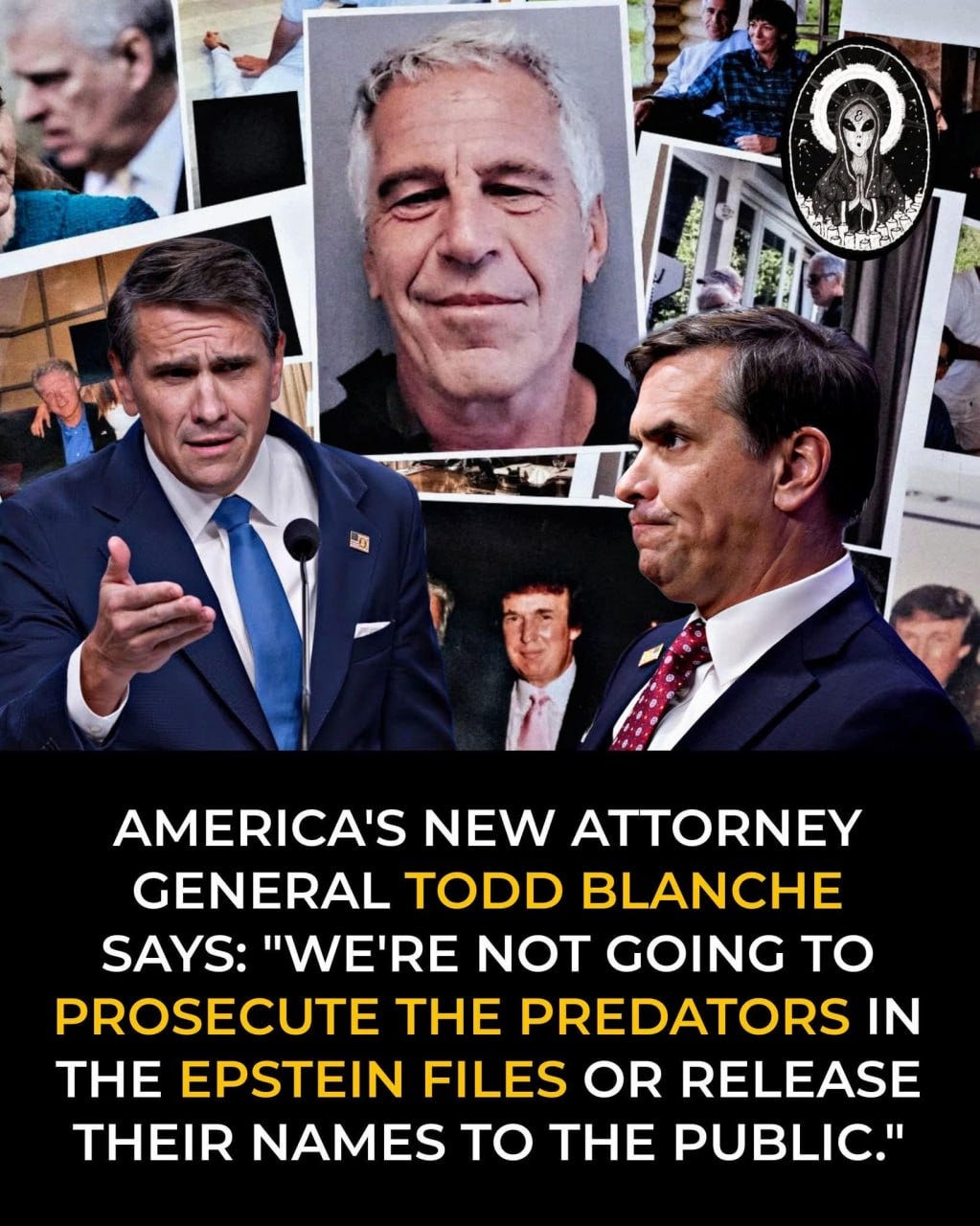 A picture of a speech by the new US Attorney General Todd Blanche, with photos of Jeffrey Epstein and others visible in the background. A picture of a speech by the new US Attorney General Todd Blanche, with photos of Jeffrey Epstein and others visible in the background.
