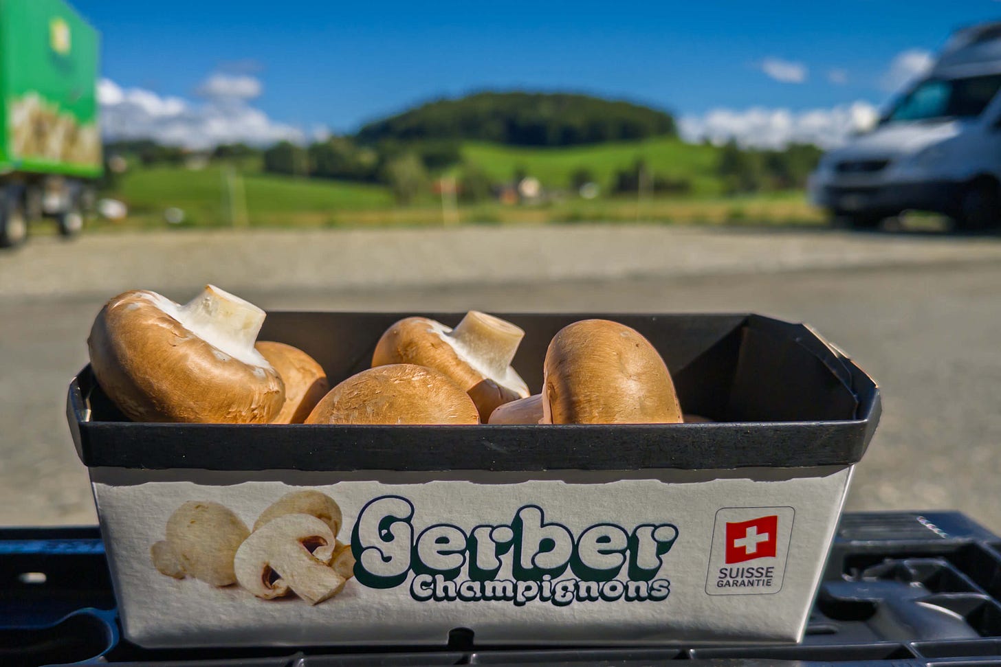 Eine Schale mit frischen braunen Champignons der Marke Gerber Champignons steht vor dem Firmengebäude. Auf der Verpackung ist das Logo sowie das Gütesiegel Suisse Garantie abgebildet. Im Hintergrund sind unscharf grüne Hügel und Transportfahrzeuge zu erkennen. Eine Schale mit frischen braunen Champignons der Marke Gerber Champignons steht vor dem Firmengebäude. Auf der Verpackung ist das Logo sowie das Gütesiegel Suisse Garantie abgebildet. Im Hintergrund sind unscharf grüne Hügel und Transportfahrzeuge zu erkennen.