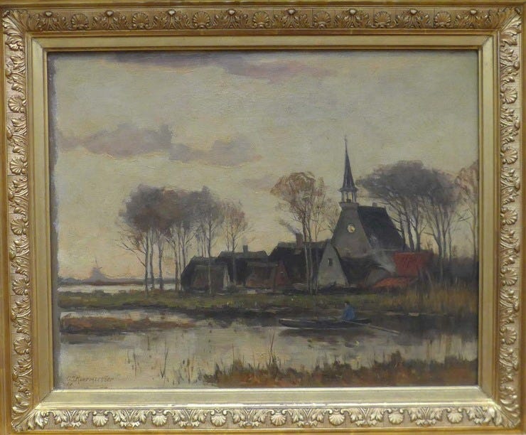 'Roeiboot met een dorpje op de achtergrond' - olieverf op doek: Gerard Roermeester
