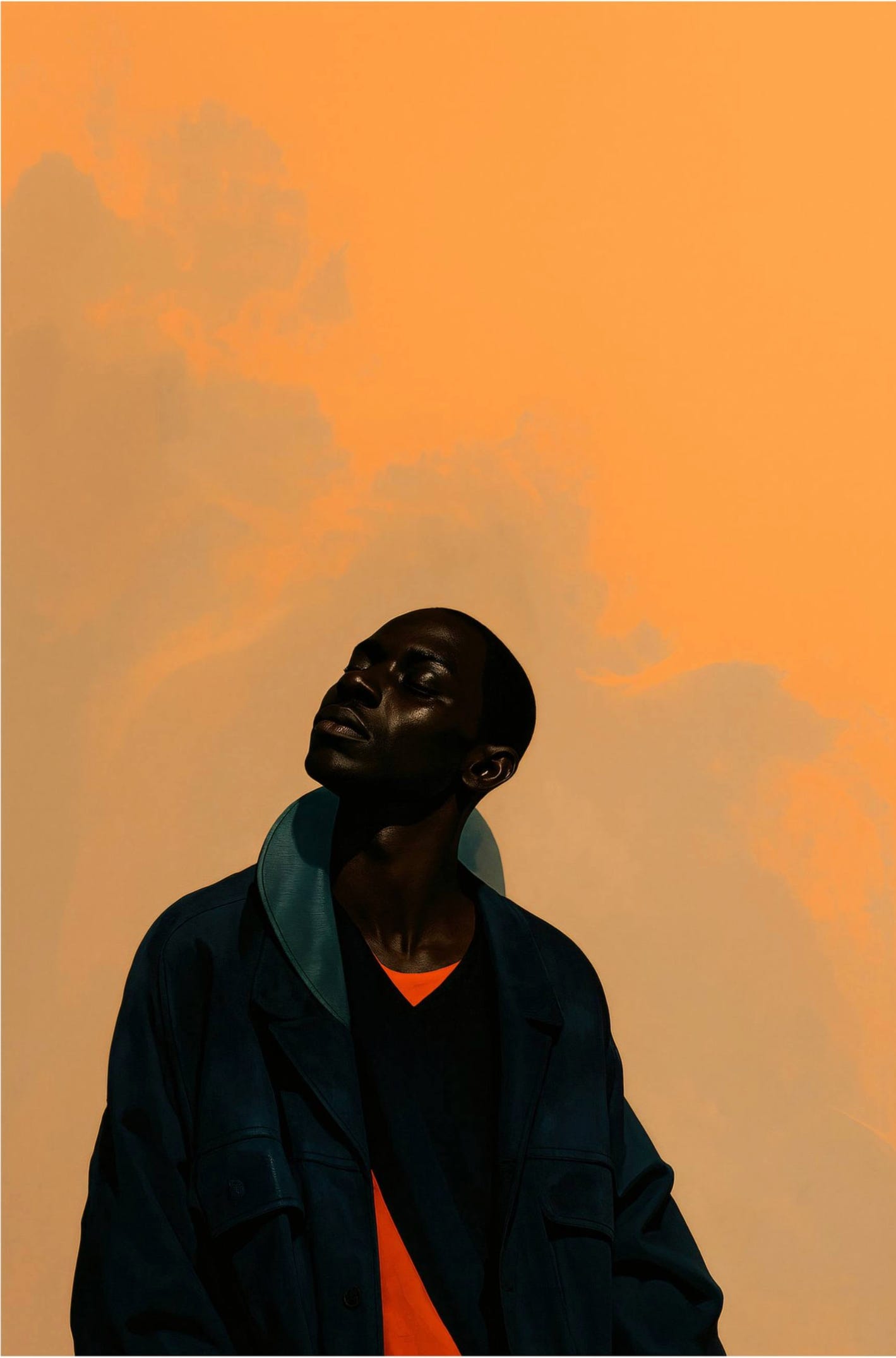 Portrait of a person in a dark coat looking upward against an orange sky with soft clouds Portrait of a person in a dark coat looking upward against an orange sky with soft clouds