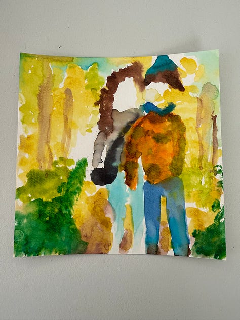 Megan Falley watercolor paintings of flowers, an octopus, a night sky, a jellyfish, her and Andrea walking through the forest, and berries on a branch