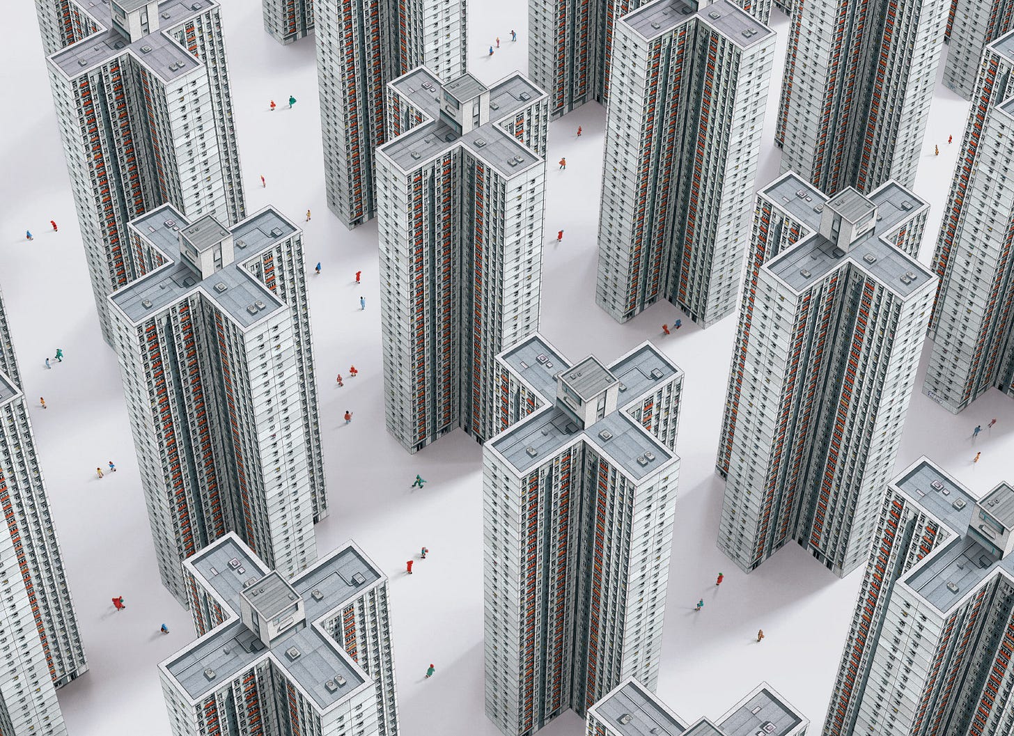 Paper model view of Hong Kong that bears resemblance to Le Corbusier's unrealized Plan Voisin