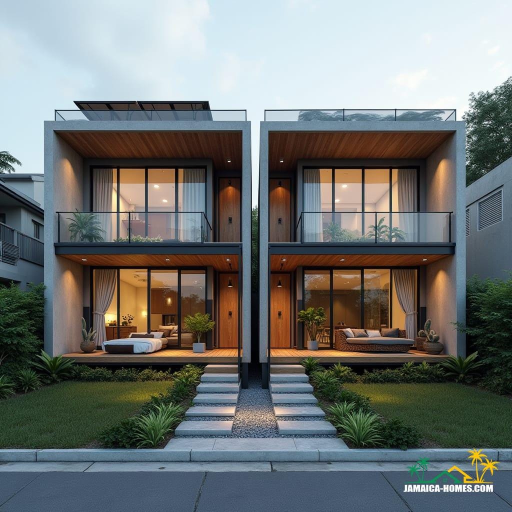 Twin Modular Urban Home Design: Two 20-ft concrete modules side by side with shared narrow porch. Materials: Concrete, steel, glass, timber accents. Features: Solar panels, ventilated roof, cross-ventilation, narrow garden strip at front. Environment: Dense city lot, neighboring buildings close by, small tropical plants in front. Style Notes: Modern, practical, functional for small urban family or rental.