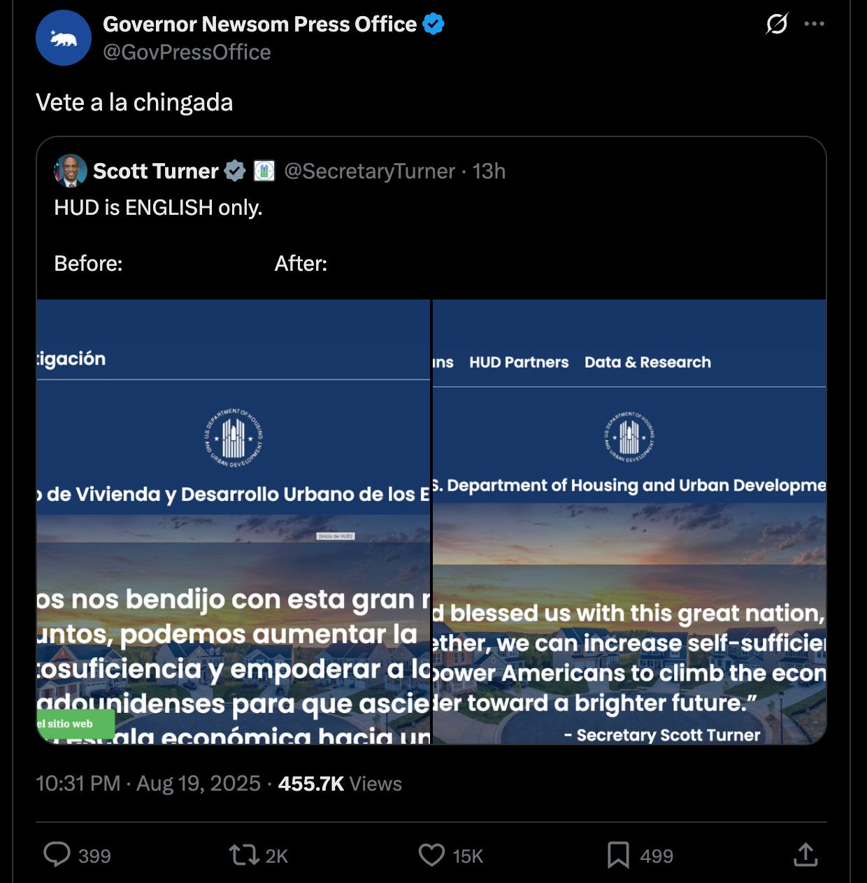 Newsom Press: "Vete a la chingada" (in response to tweet from the head of HUD that says "HUD is ENGLISH only" 