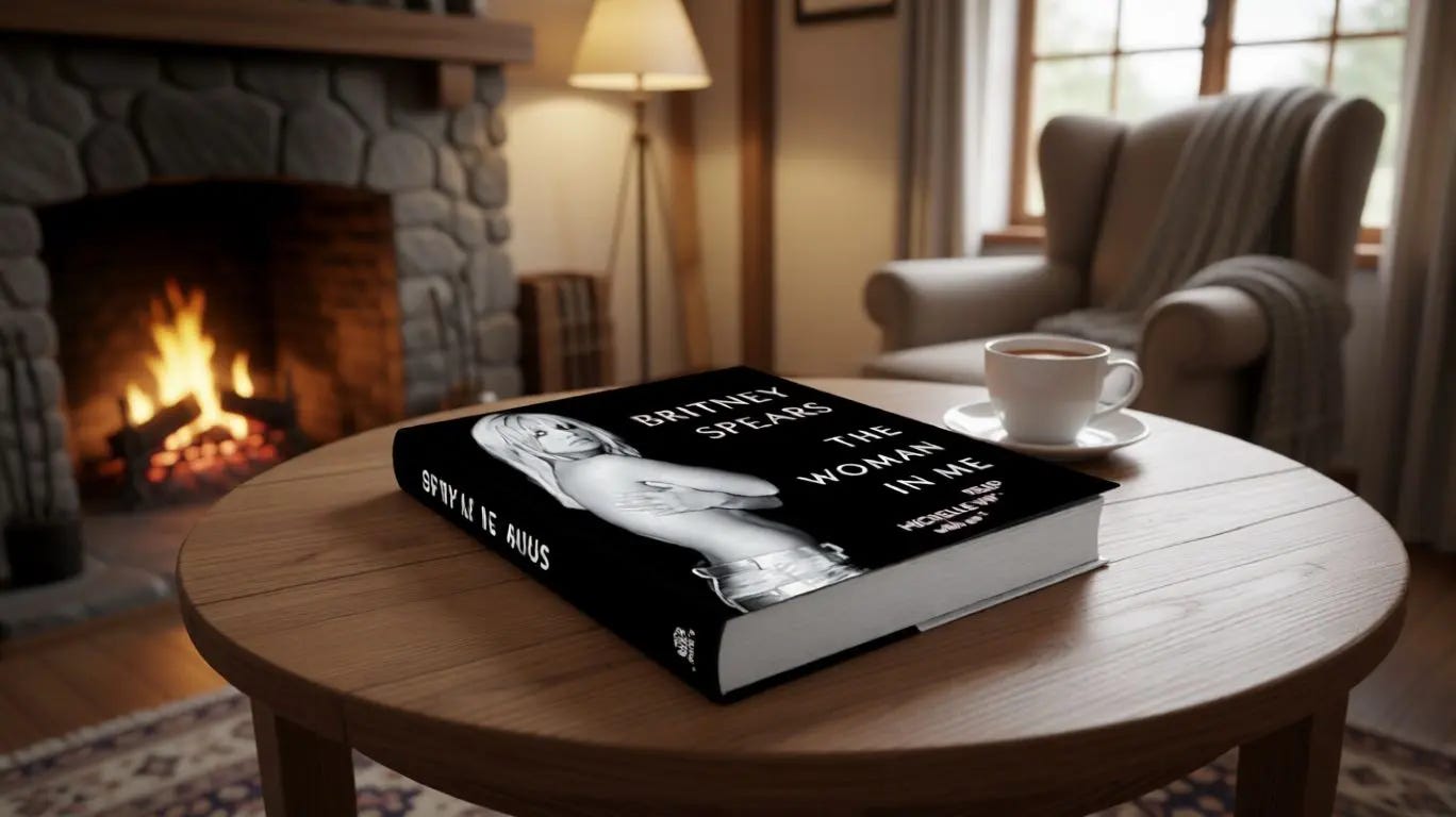 A copy of The Woman in Me by Britney Spears rests on a round wooden table beside a cup of coffee, with a cozy living room setting featuring a lit fireplace, armchair, and soft window light in the background.