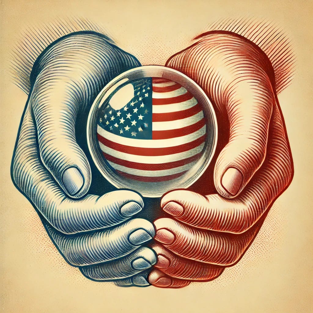Vintage-style illustration in sepia tone of hands gently cradling a delicate glass globe with a smaller American flag inside, appearing as if it’s floating in water. The hands are shaded red and blue to represent unity and balance. The flag is subtly visible, floating near the center of the globe, giving a sense of fragility and the shared responsibility to protect democracy. The illustration is soft and detailed, with a delicate, vintage look.