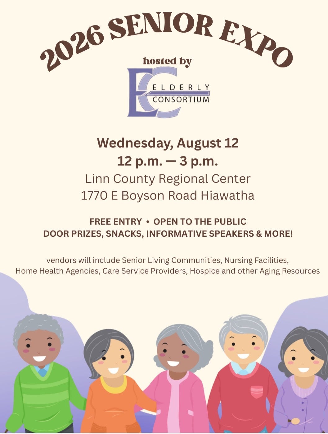 Senior Expo Wednesday, August 12th 2026 Noon to 3pm.