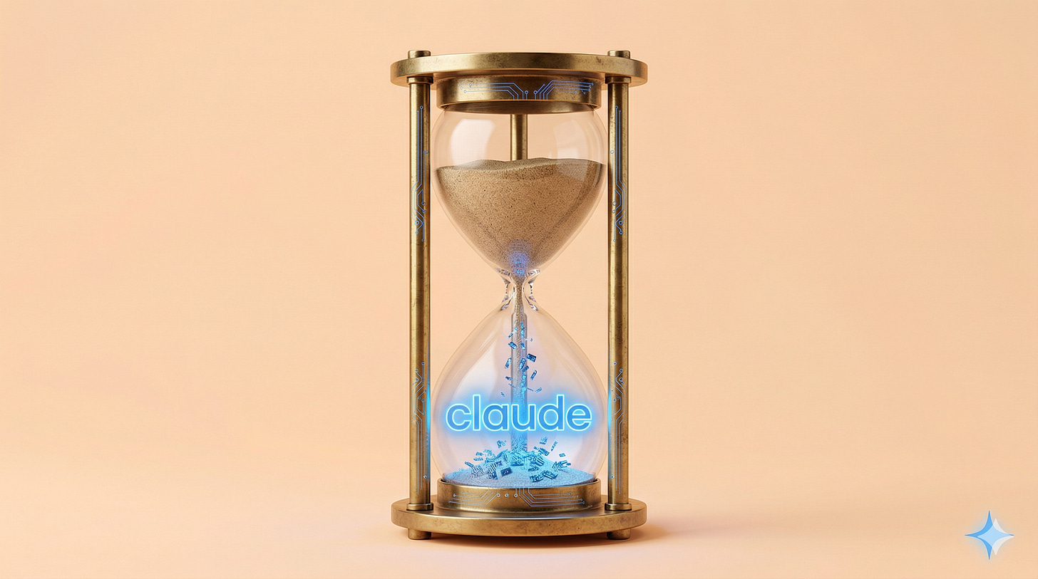 Antique brass hourglass with sand transforming into glowing electric blue circuits forming the Claude logo — Learn Claude AI in 20 minutes | Leadership in Change by Joel Salinas